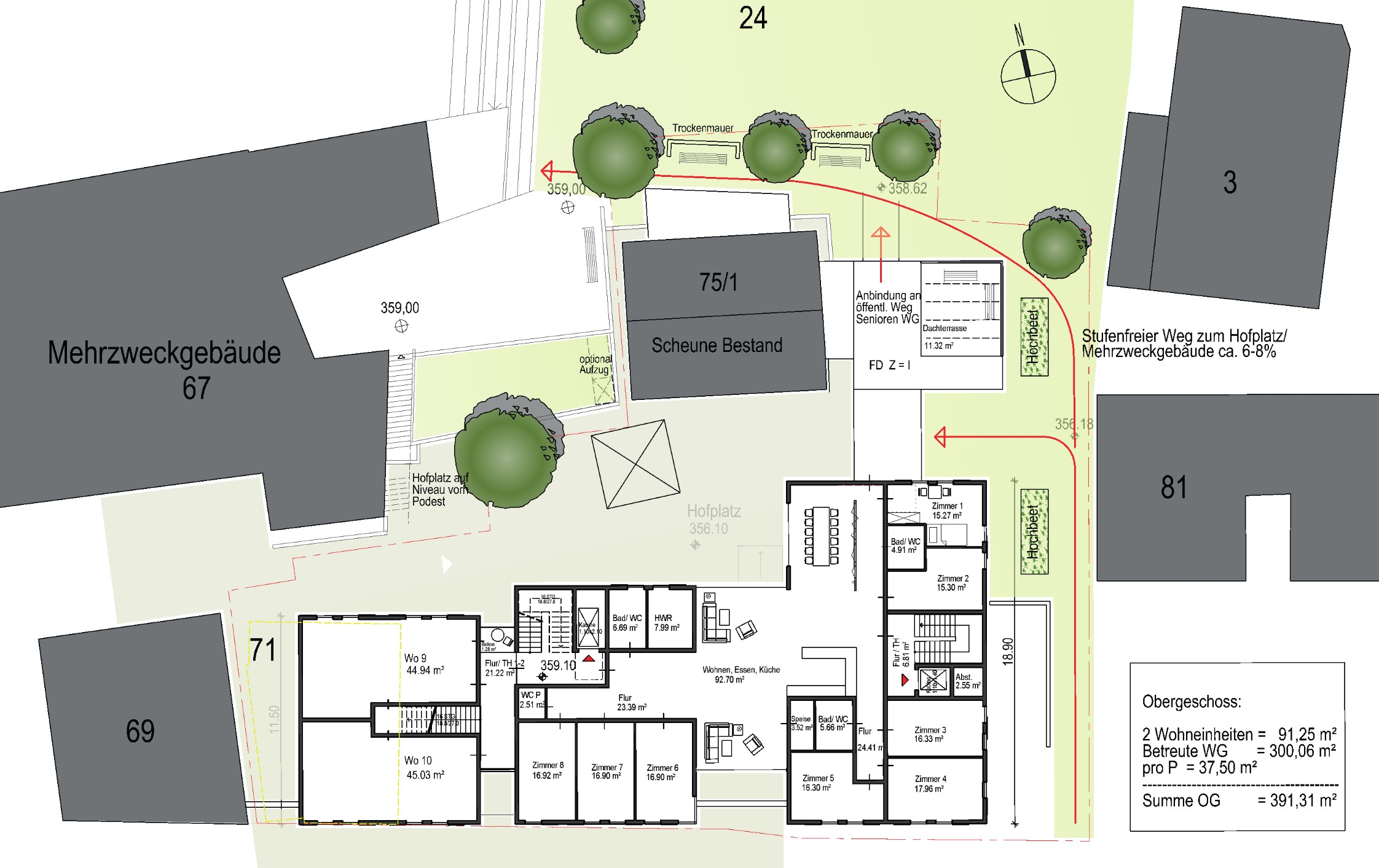 Machbarkeitsstudie Grundriss Obergeschoss und Hofsituation