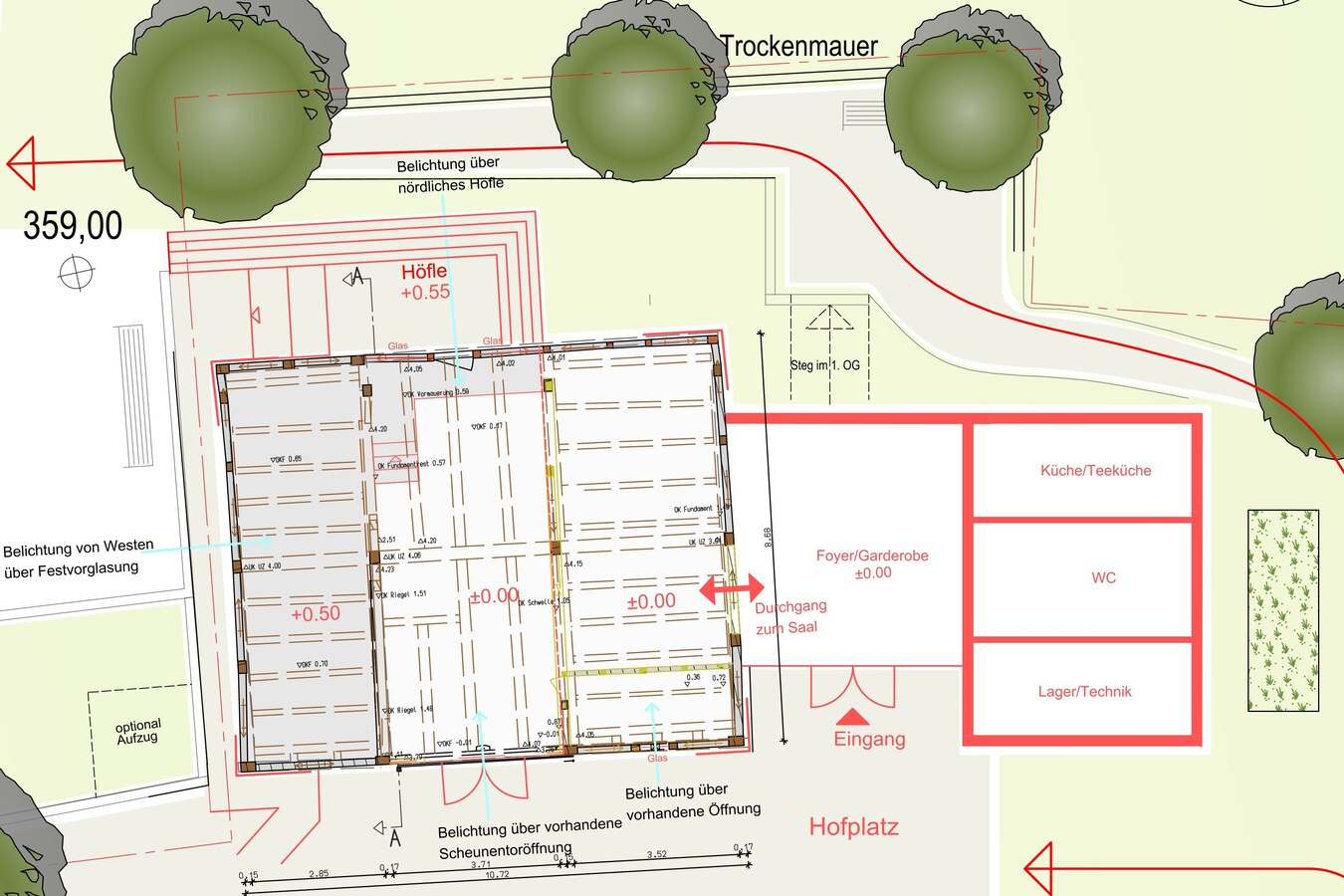 Grundriss Denkmal + geplanter Anbau (auf dem die Terrasse der Pflege-WG entsteht); Skizze: Haefele Architekten Grundriss Denkmal + geplanter Anbau